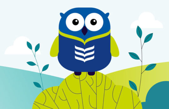 Drawing of a blue owl, Ollie small web banner