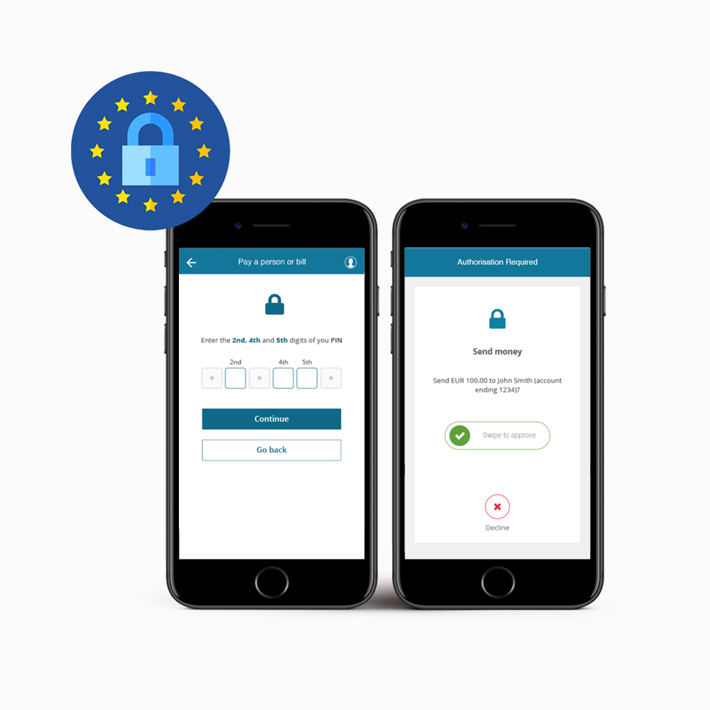Two smartphones displaying the 365 login and send money screens.