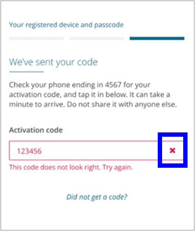 The 365 app displaying the message 'This code does not look right. Try again' with an X highlighed