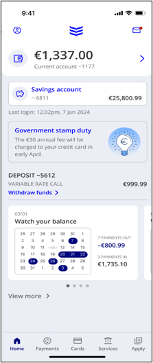 A screenshot of the new Bank of Ireland mobile app home screen.