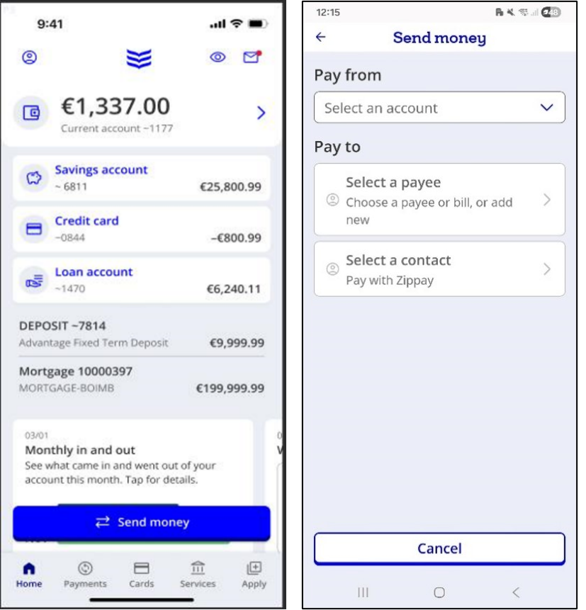 A screenshot of the app homepage, with the blue Send money button visible towards the bottom. There is a second screenshot that shows the Send money menu.