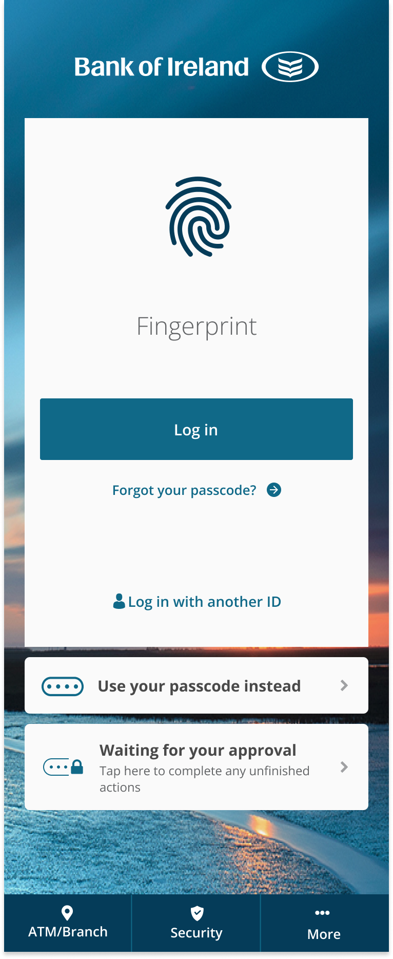Image of the 365 app home screen, prompting you to log in using your fingerprint or to use your passcode instead.