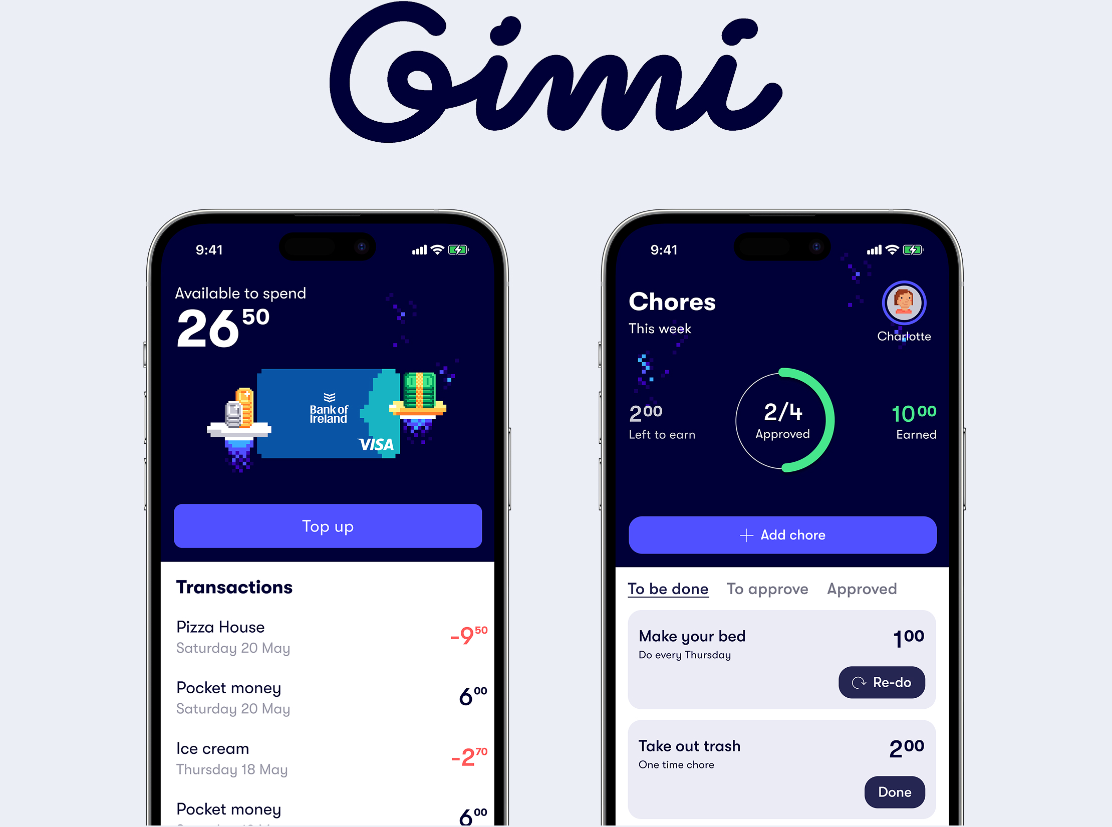 Gimi balance screen displaying the 'top up' feature and chores screen displaying the 'add chore' feature.