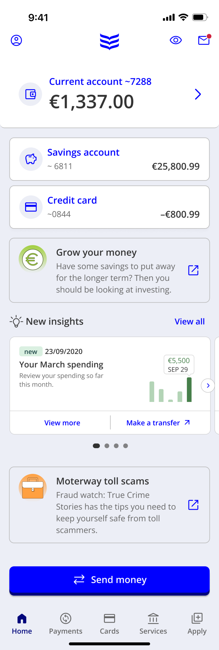 Mi 365 'Unread Insights' for the new app showing account balances, upcoming fees and the 'watch your balance' feature.'