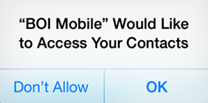 A screenshot of the permissions to allow BOI Mobile to access your contacts on iOS.