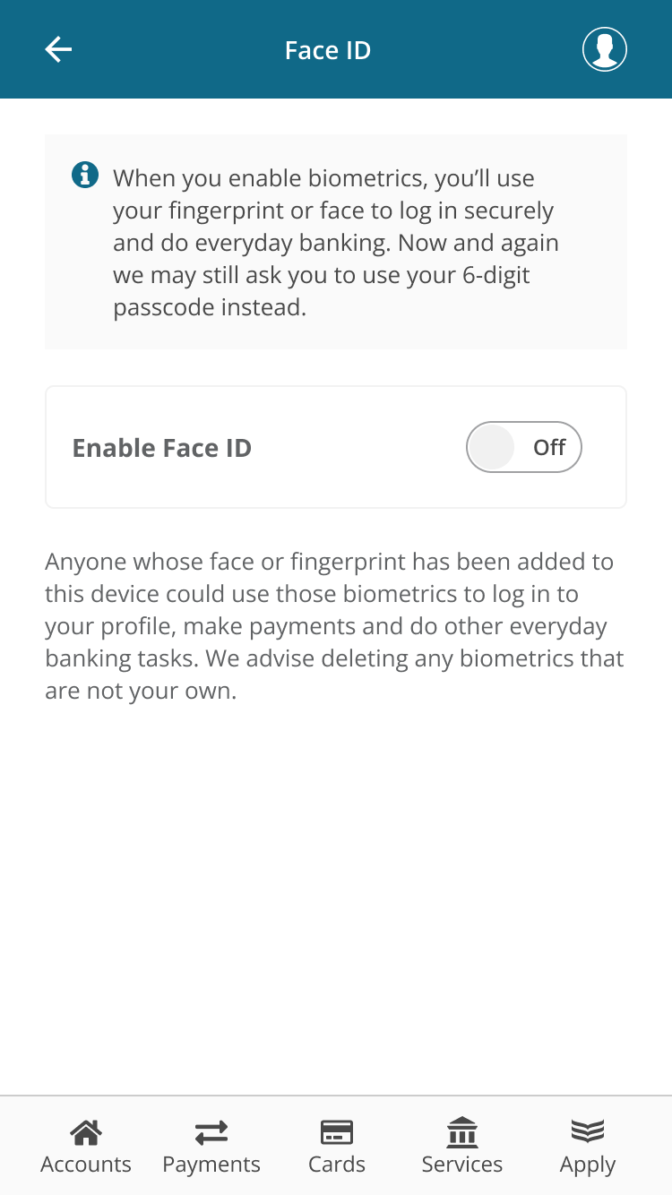 Image of the 365 app Face ID toggle