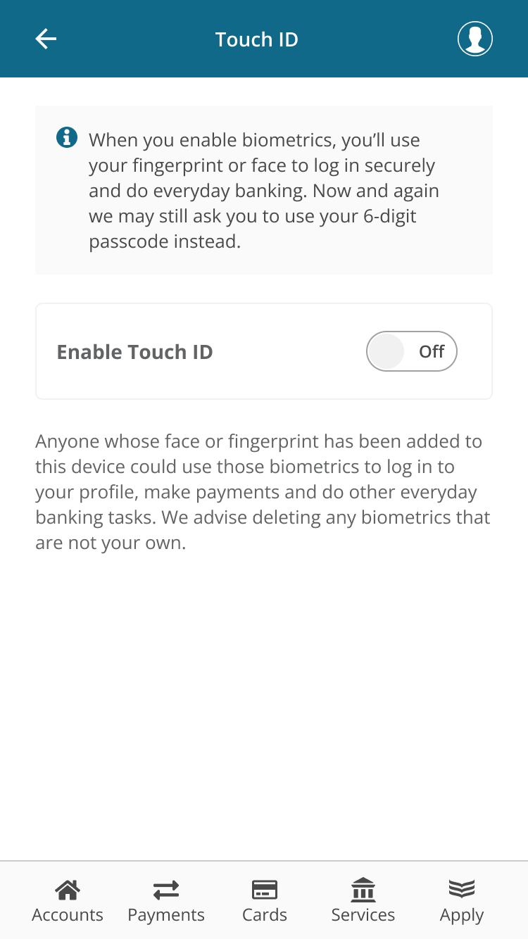 Image of the 365 app Touch ID toggle