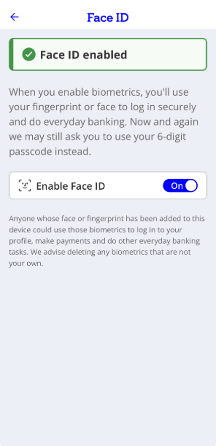 Image of the 365 app enable face ID toggle in the existing app.