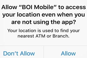 A screenshot of the permissions to allow BOI Mobile to access your location on iOS.