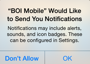 A screenshot of the permissions to allow BOI Mobile to send you notifications on iOS.