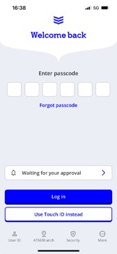 Log in screen for the new app showing the 'Log in with face ID' and 'Use passcode instead' buttons.