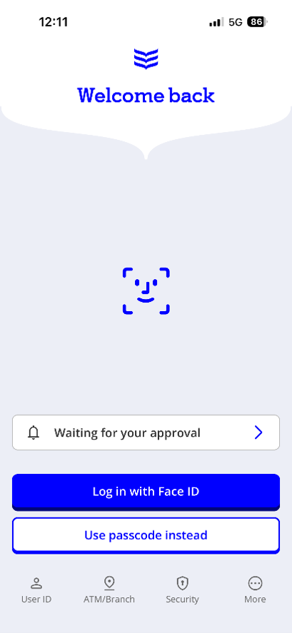 Log in screen for the new app showing the 'Log in with face ID' and 'Use passcode instead' buttons.
